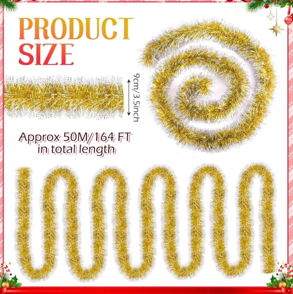 164 ft Christmas Frost Tip Tinsel Garland Glitter Silver Edge Metallic Streamers